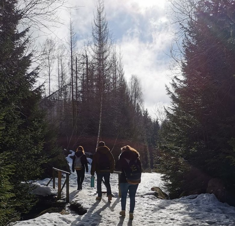 Das Team tritt den Rückweg an bei Sonnenschein und Schneebedeckten Wegen.